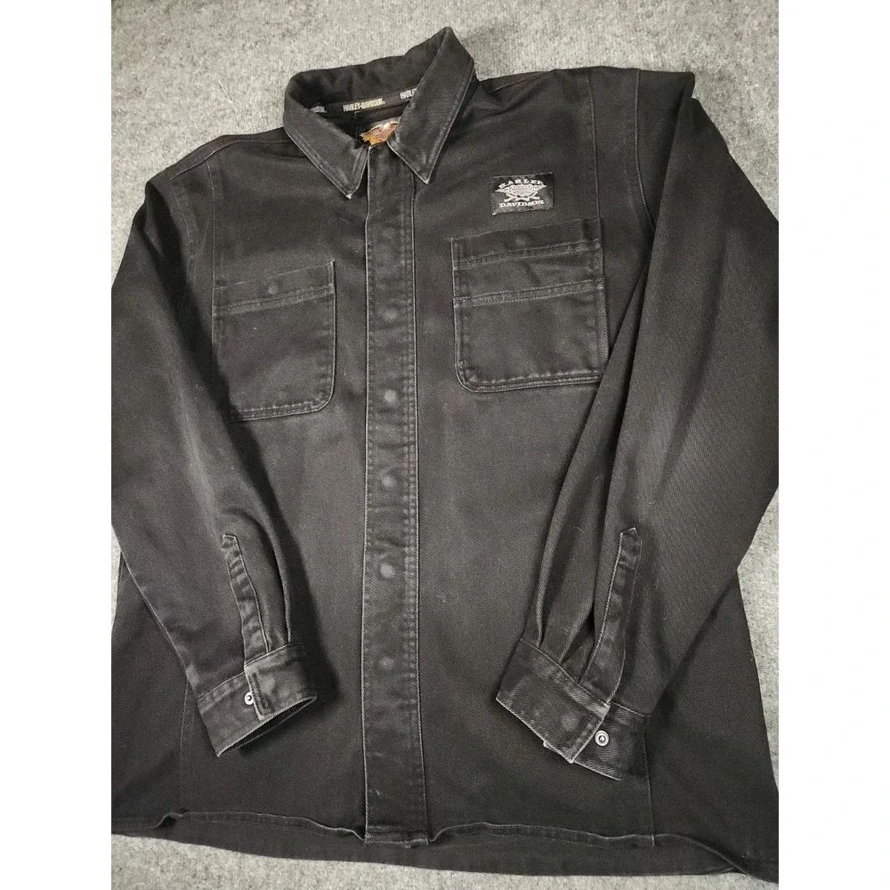 Harley Davidson Vintage 2003 Men Black Canvas Work Shirt Jacket Logo 96120-04VM